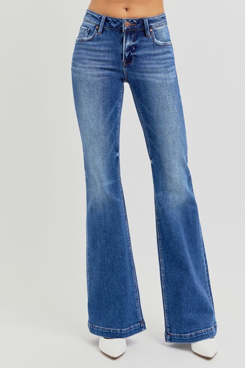 RISEN Full Size Low Rise Flare Jeans with Pockets Available - Love Salve 