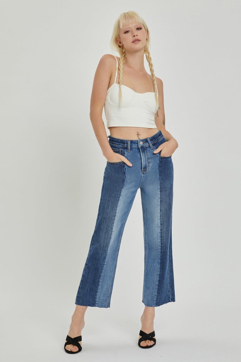 RISEN Full Size Mid-Rise Waist Two-Tones Jeans with Pockets - Love Salve 