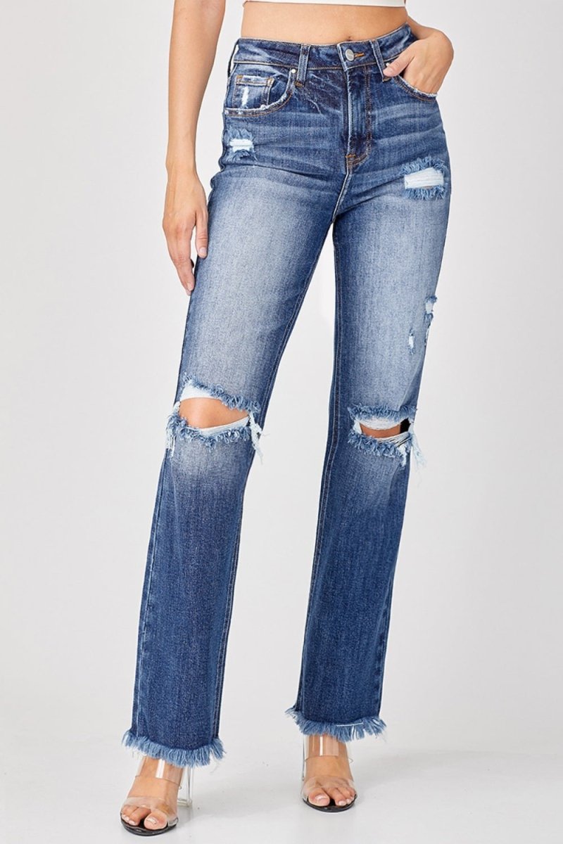 Risen Full Size Raw Hem Distressed Straight Jeans for Women - Love Salve 