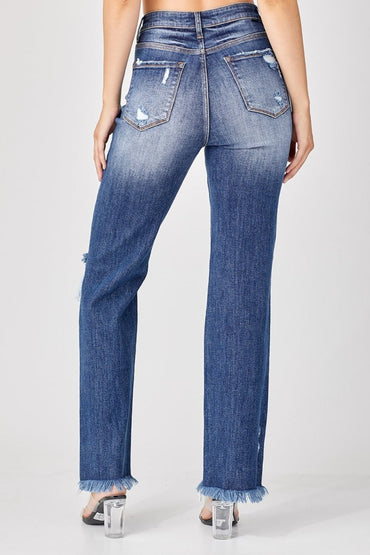 Risen Full Size Raw Hem Distressed Straight Jeans for Women - Love Salve 