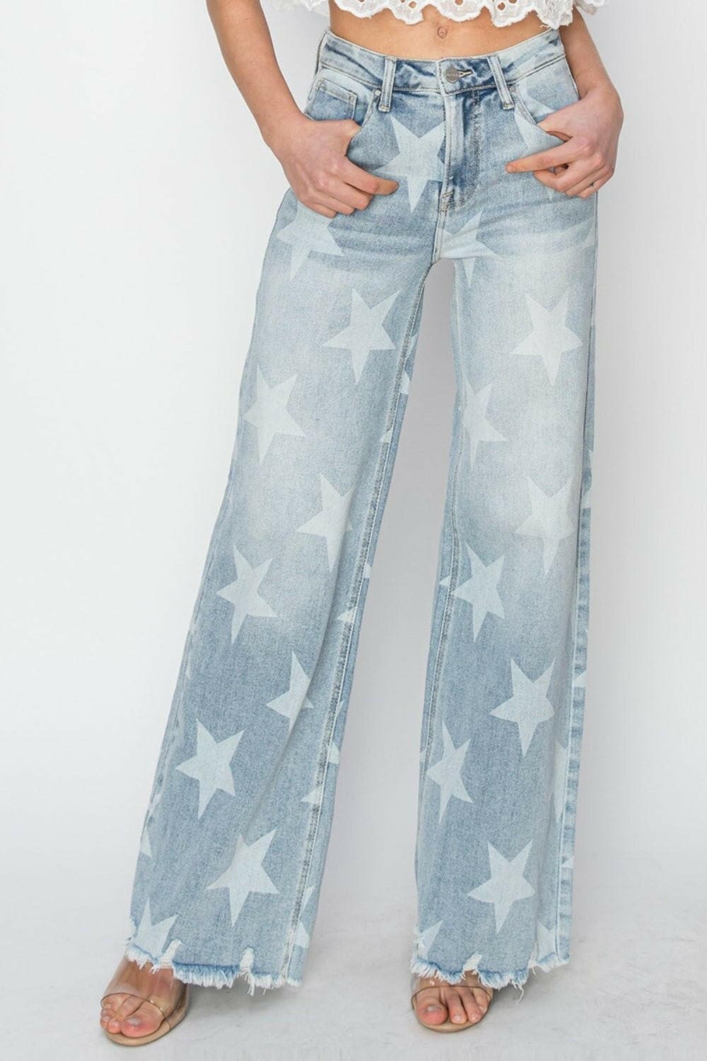 RISEN Full Size Raw Hem Star Wide Leg Jeans - Love Salve