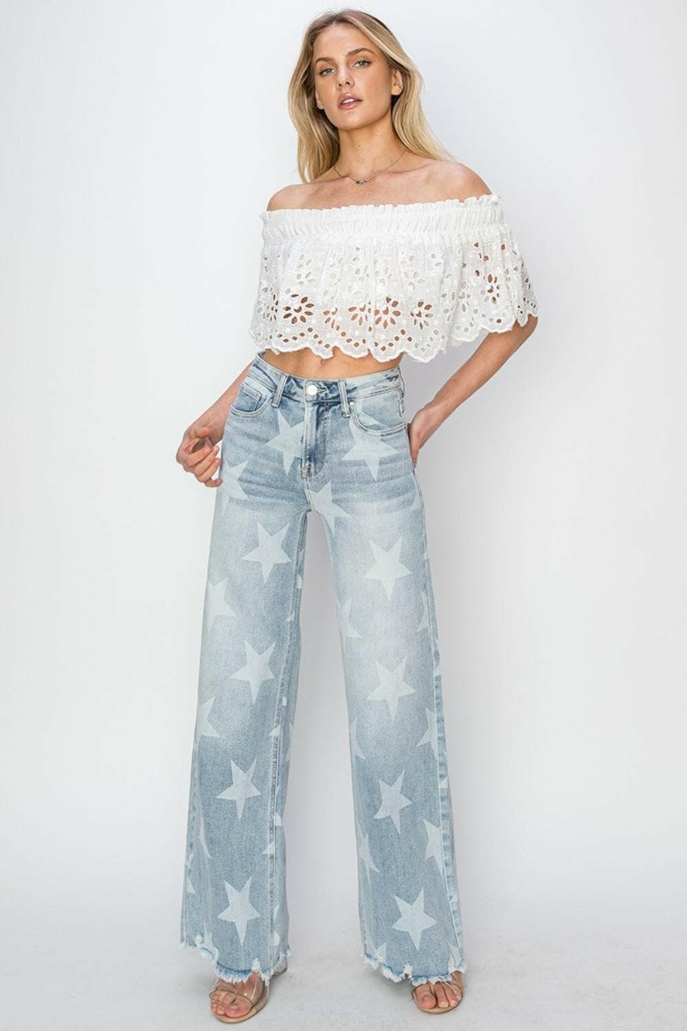 RISEN Full Size Raw Hem Star Wide Leg Jeans - Love Salve