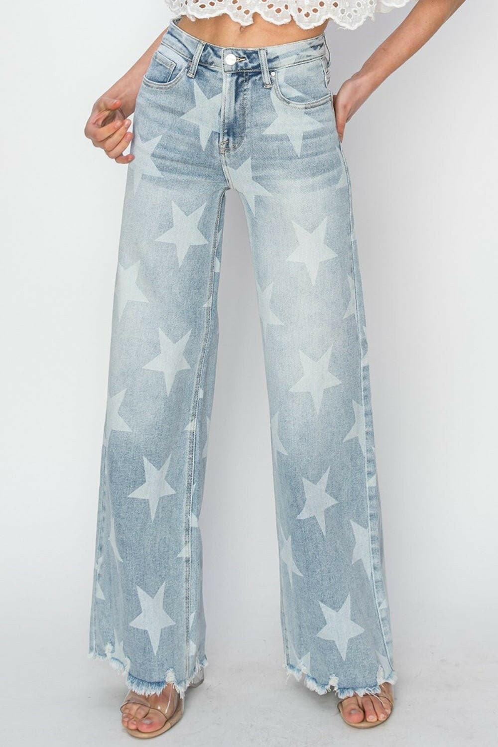 RISEN Full Size Raw Hem Star Wide Leg Jeans - Love Salve