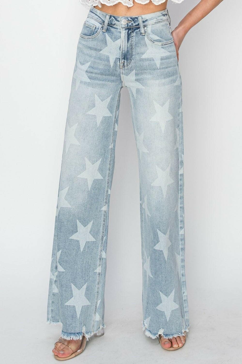 RISEN Full Size Raw Hem Star Wide Leg Jeans - Love Salve