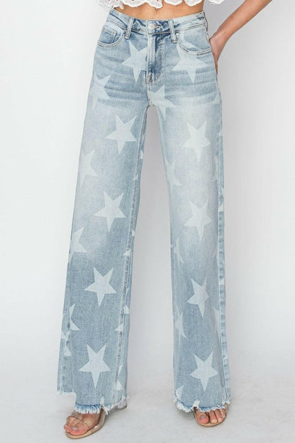 RISEN Full Size Raw Hem Star Wide Leg Jeans - Love Salve