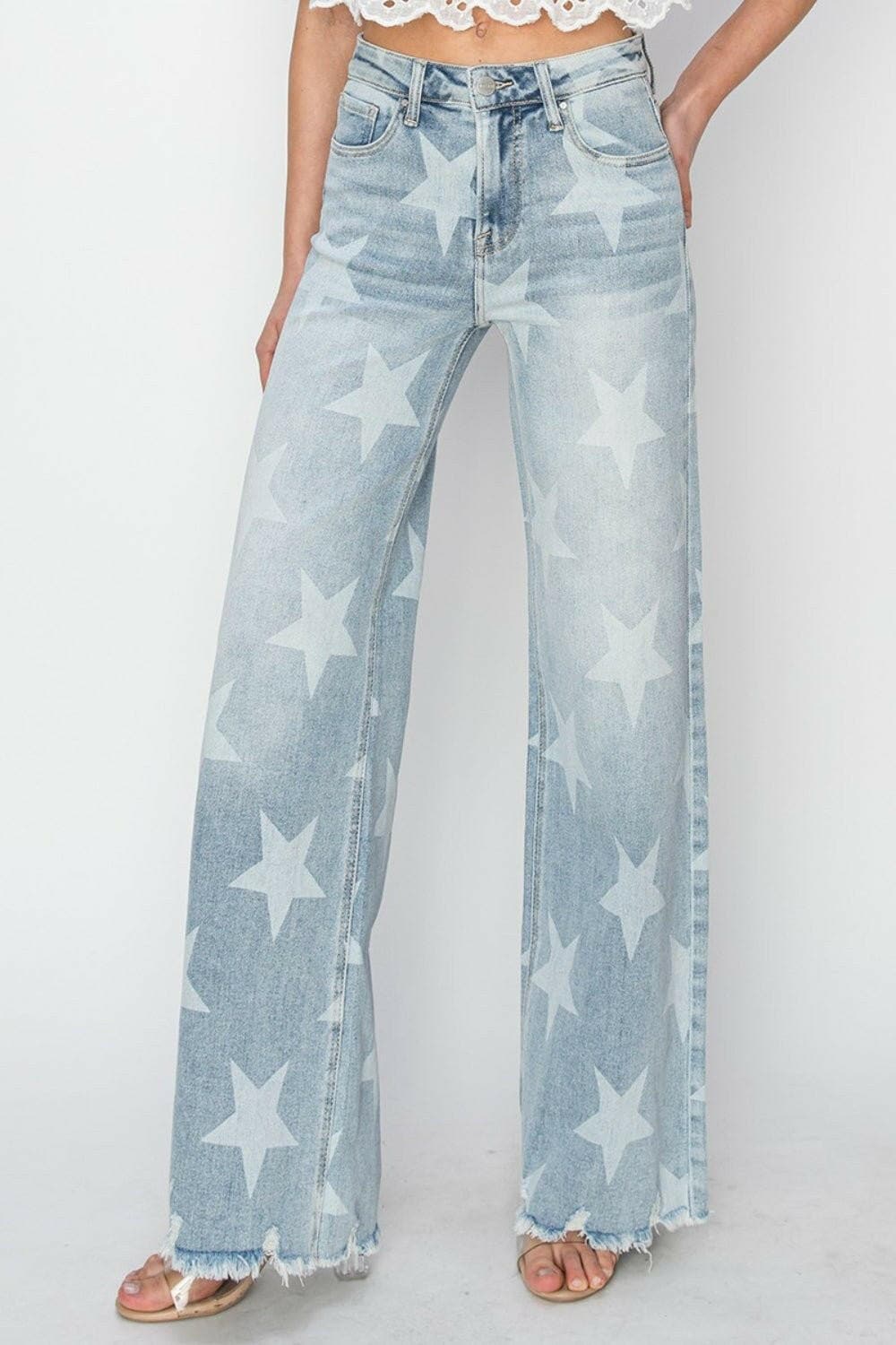 RISEN Full Size Raw Hem Star Wide Leg Jeans - Love Salve