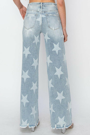 RISEN Full Size Raw Hem Star Wide Leg Jeans - Love Salve