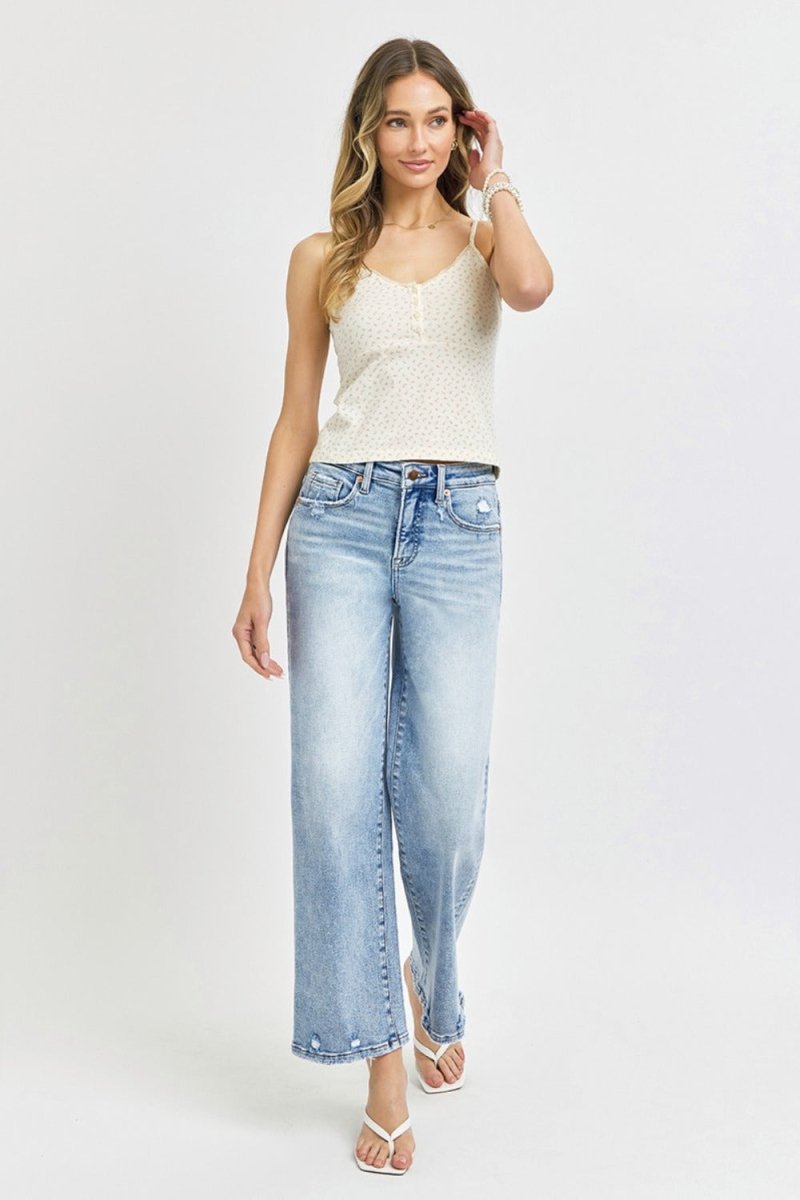 RISEN Full Size Tummy Control High Rise Crop Wide Leg Jeans - Love Salve 