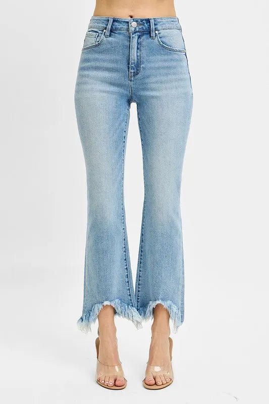 RISEN High Rise Crop Bootcut Fray Hem Jeans for Women - Love Salve 