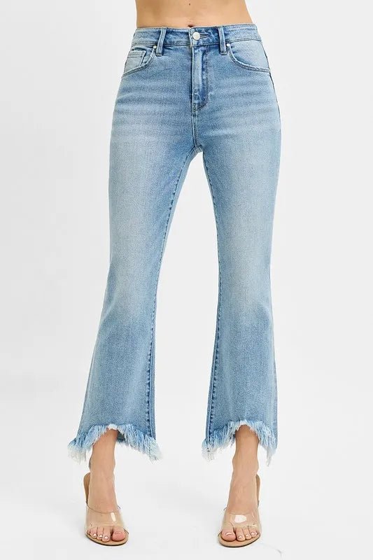 RISEN High Rise Crop Bootcut Fray Hem Jeans for Women - Love Salve 