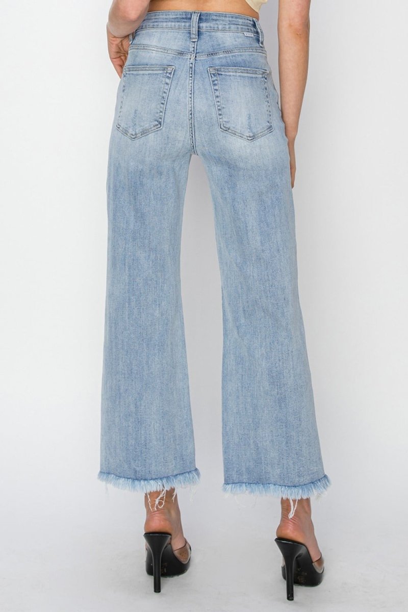 RISEN High Rise Crop Wide Fray Hem Jeans for Women - Love Salve 