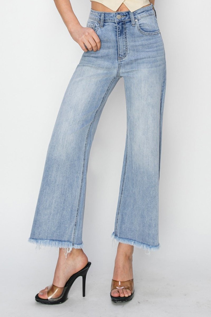 RISEN High Rise Crop Wide Fray Hem Jeans for Women - Love Salve 