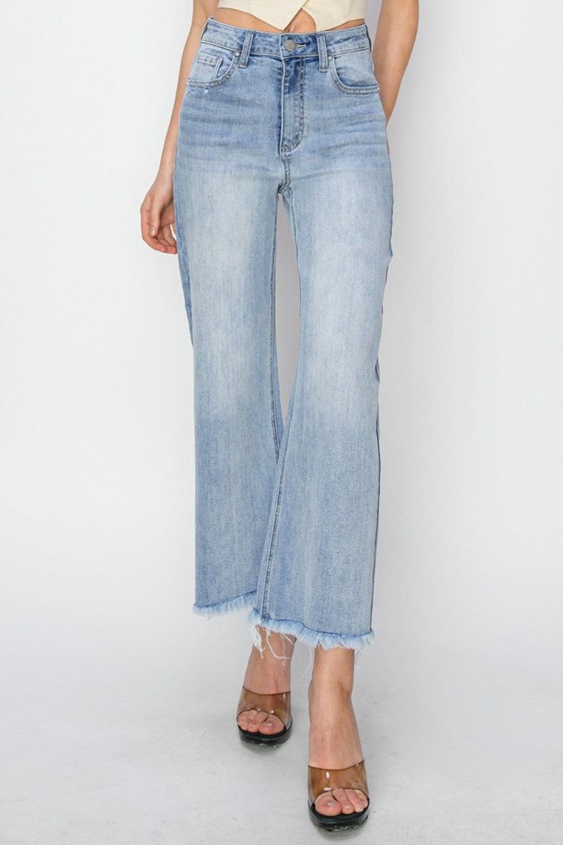 RISEN High Rise Crop Wide Fray Hem Jeans for Women - Love Salve 