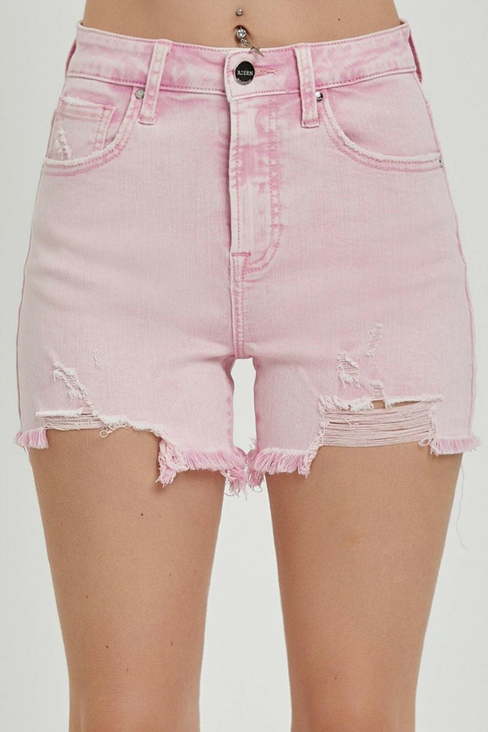 RISEN High Rise Distressed Denim Shorts - Love Salve