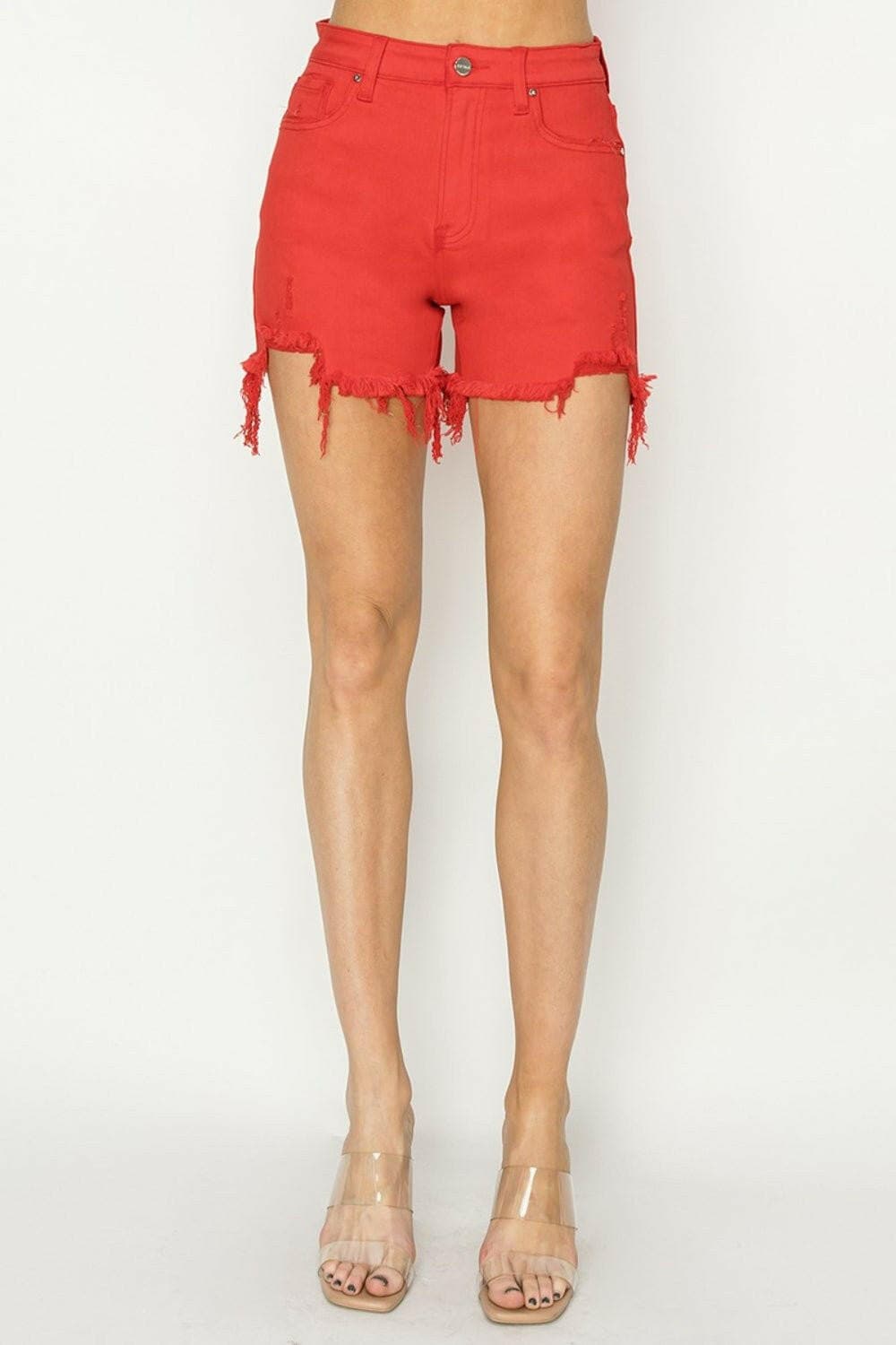 RISEN High Rise Distressed Denim Shorts - Love Salve