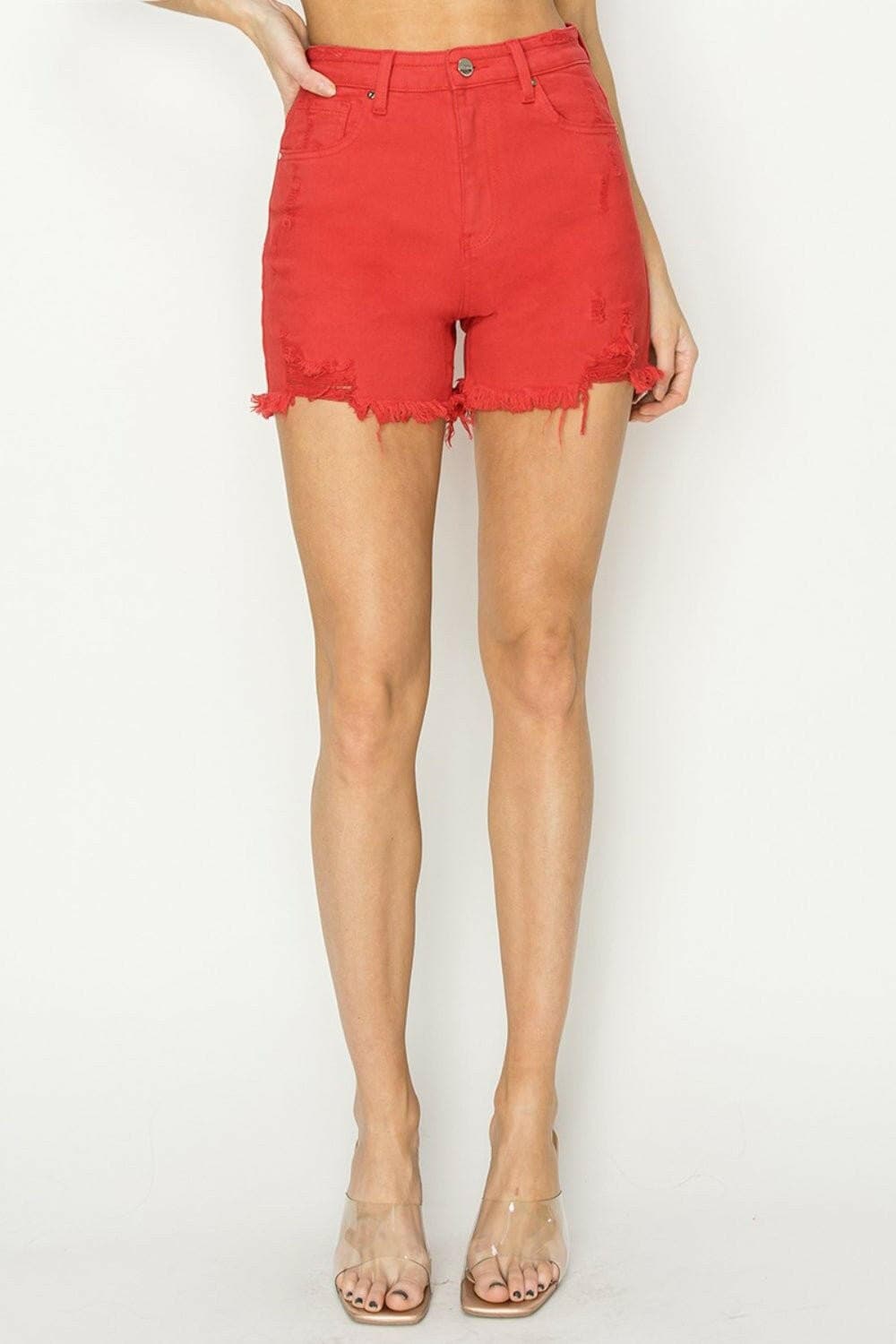 RISEN High Rise Distressed Denim Shorts - Love Salve