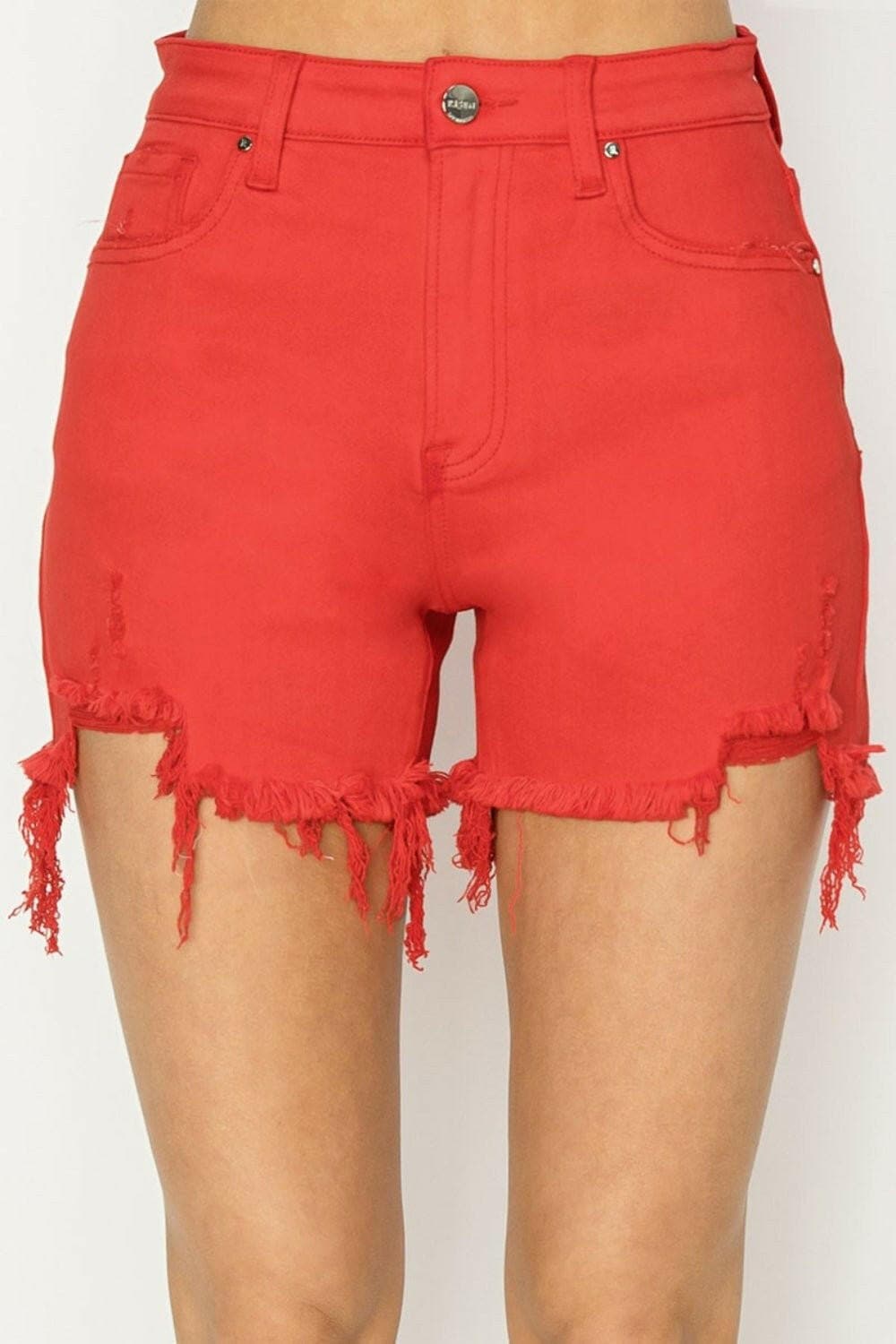 RISEN High Rise Distressed Denim Shorts - Love Salve