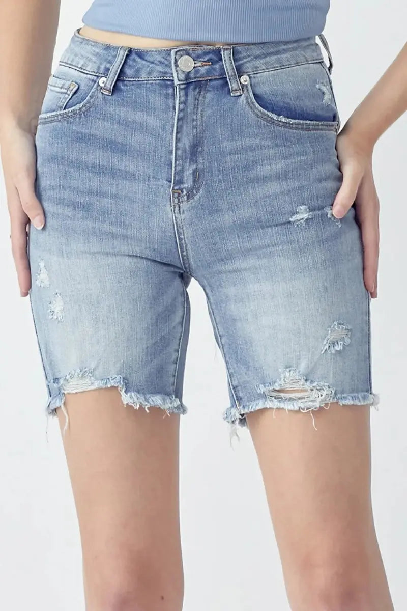 RISEN High Rise Distressed Denim Shorts for Women - Love Salve 