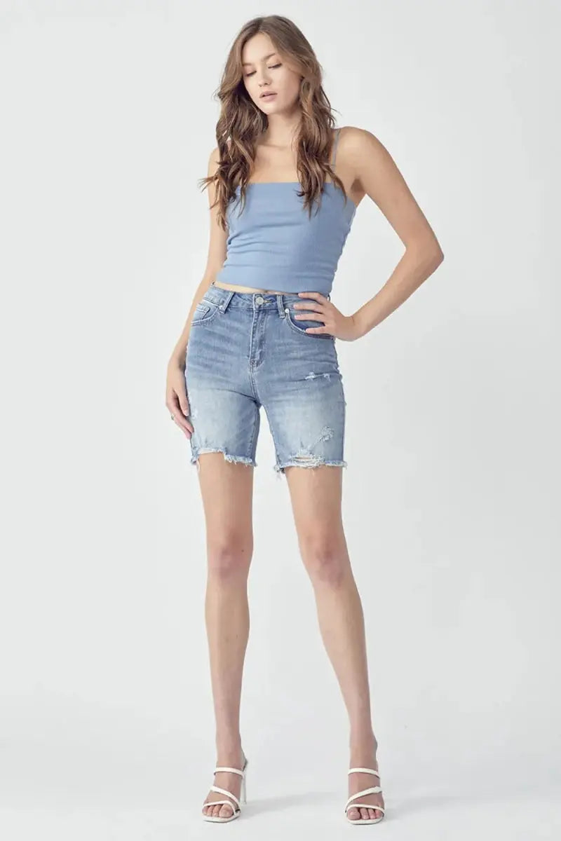 RISEN High Rise Distressed Denim Shorts for Women - Love Salve 