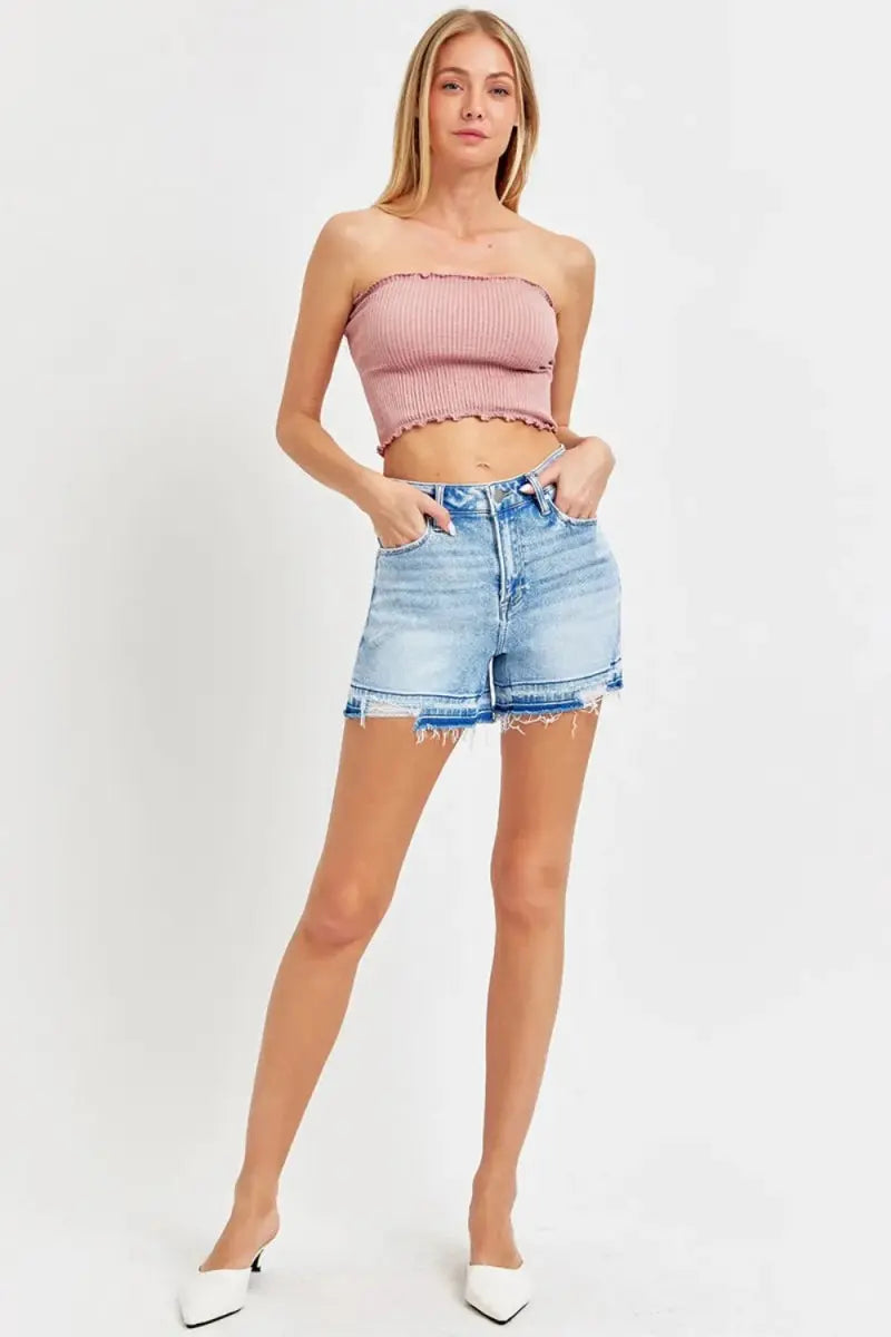 RISEN High Rise Distressed Hem Denim Shorts for Women - Love Salve 