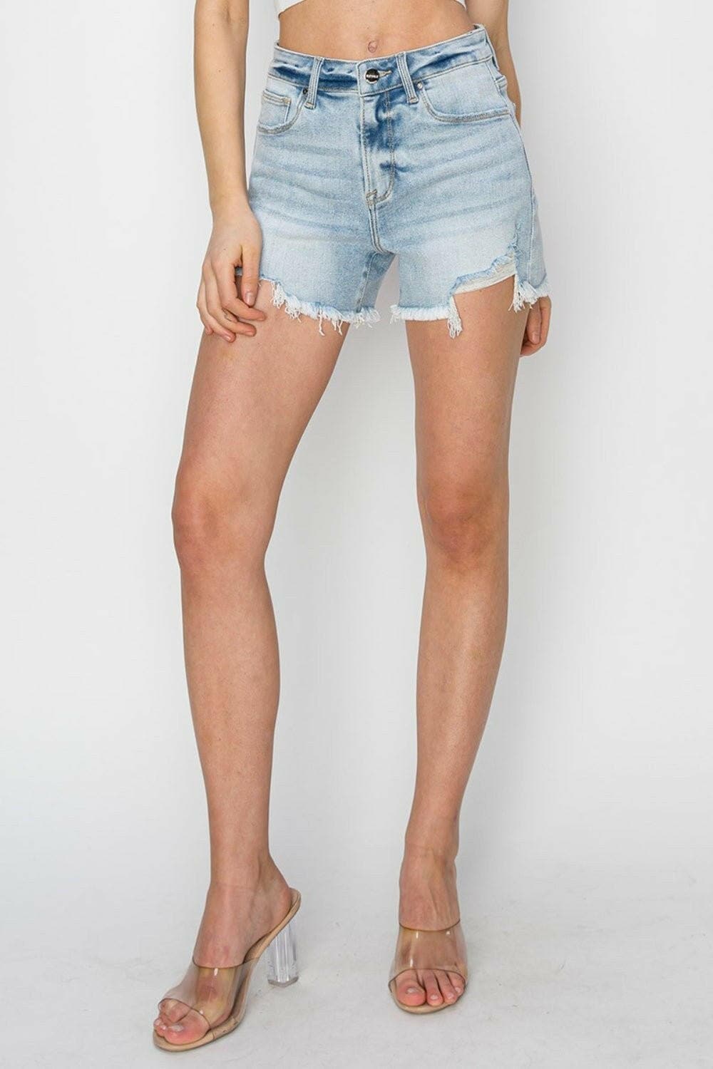 RISEN High Waist Frayed Detail Denim Shorts - Love Salve