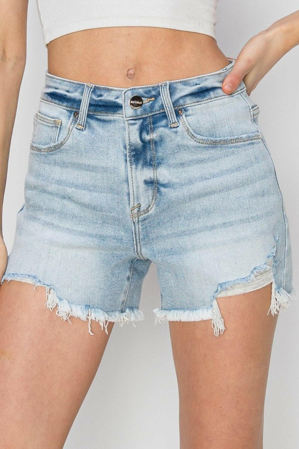 RISEN High Waist Frayed Detail Denim Shorts - Love Salve