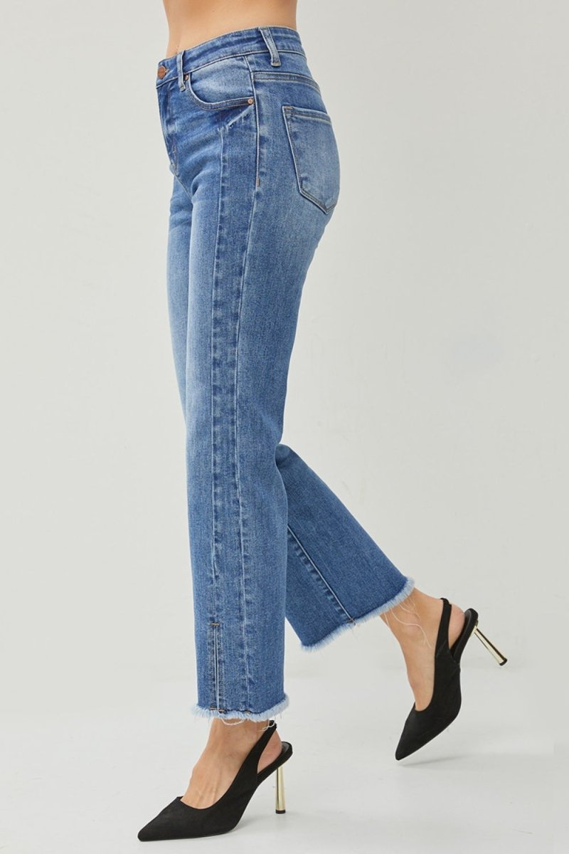 RISEN High Waist Raw Hem Slit Straight Jeans for Women - Love Salve 