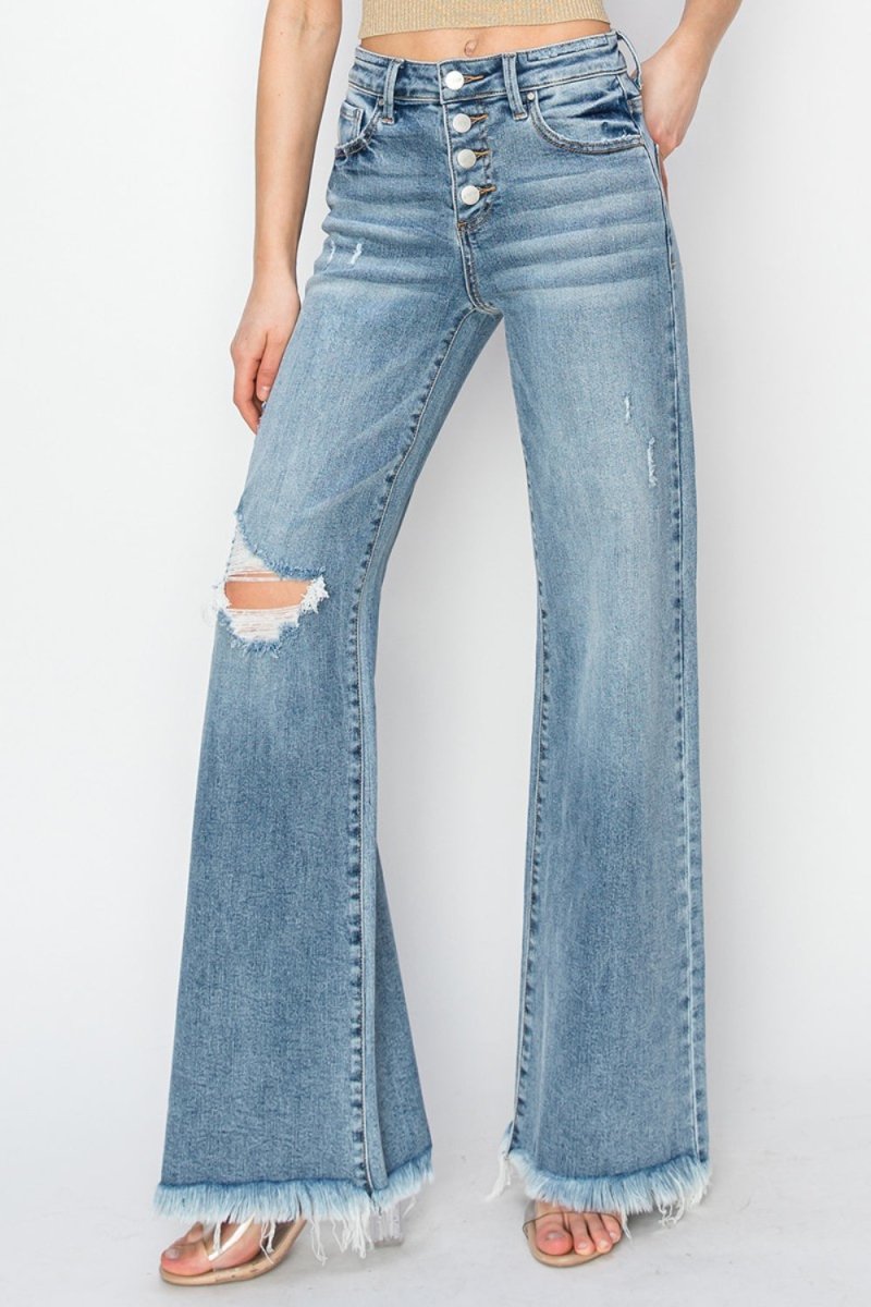 RISEN Mid Rise Button Fly Wide Leg Jeans for Women - Love Salve 