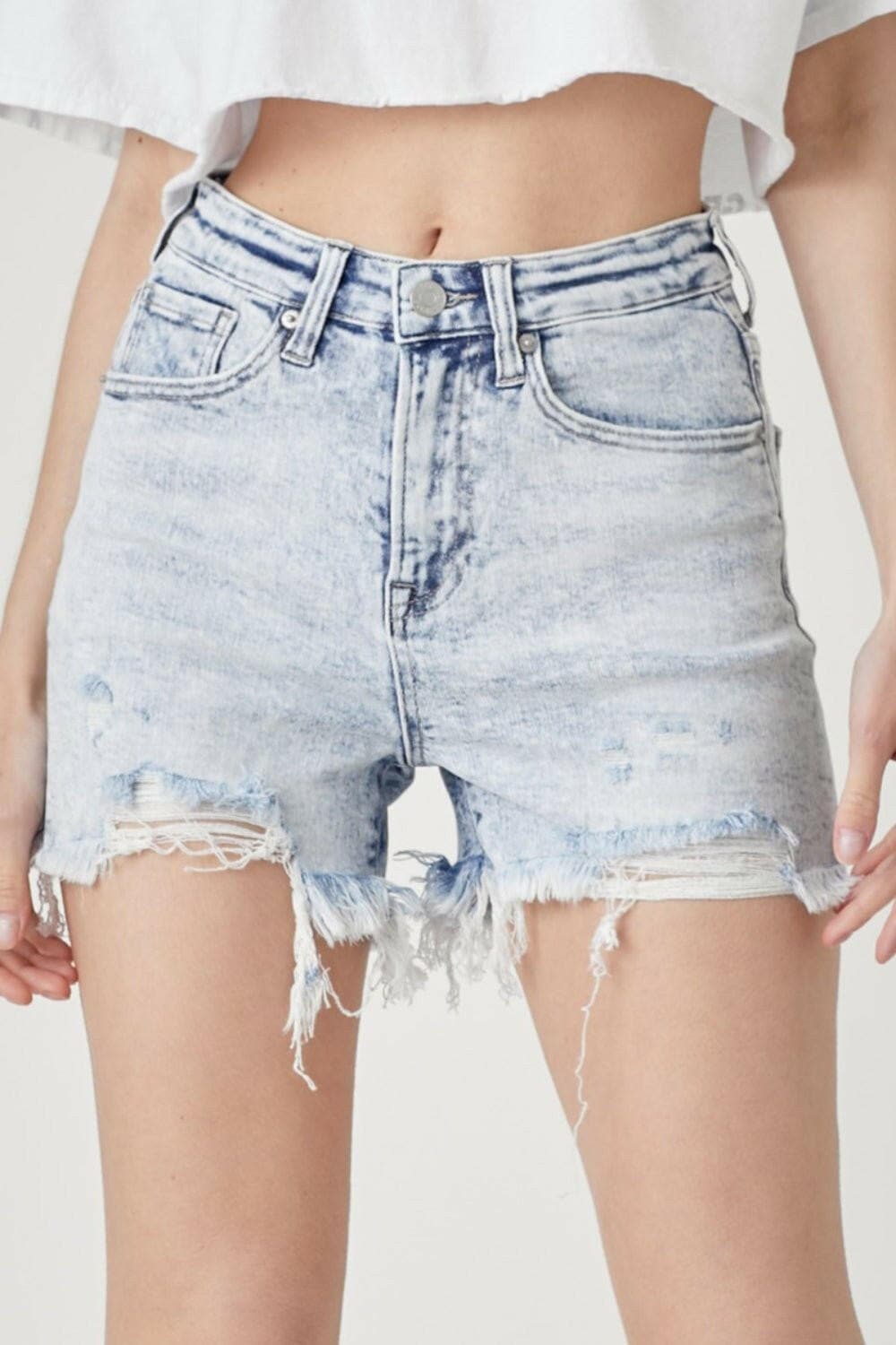 RISEN Raw Hem Distressed High Rise Denim Shorts - Love Salve