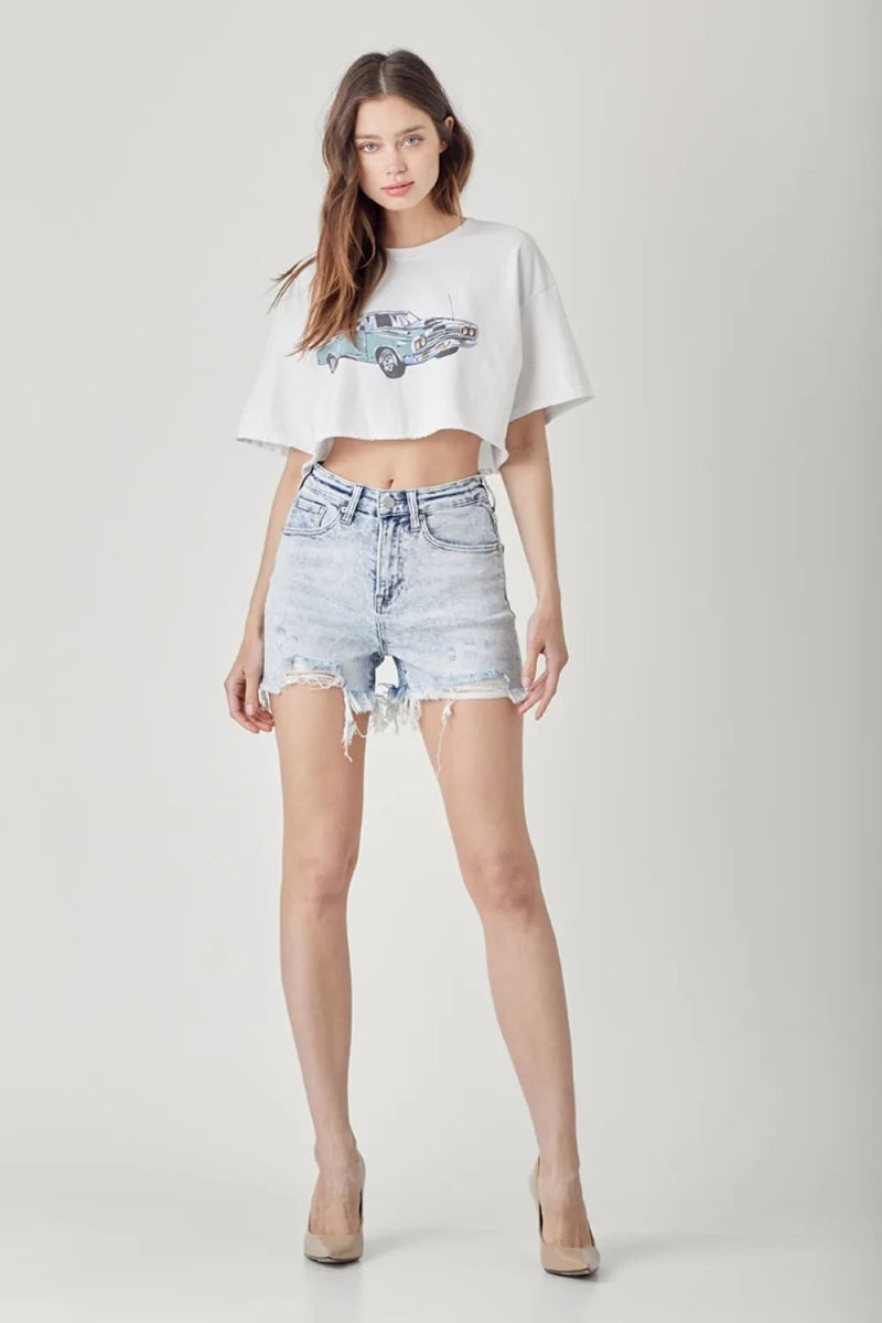 RISEN Raw Hem Distressed High Rise Denim Shorts for Women - Love Salve 