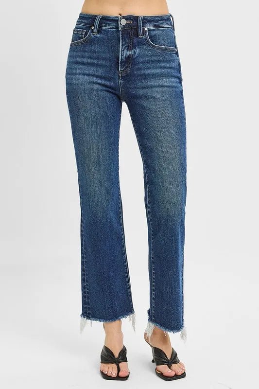 RISEN Tummy Control High Rise Crop Straight Raw Hem Jeans - Love Salve 
