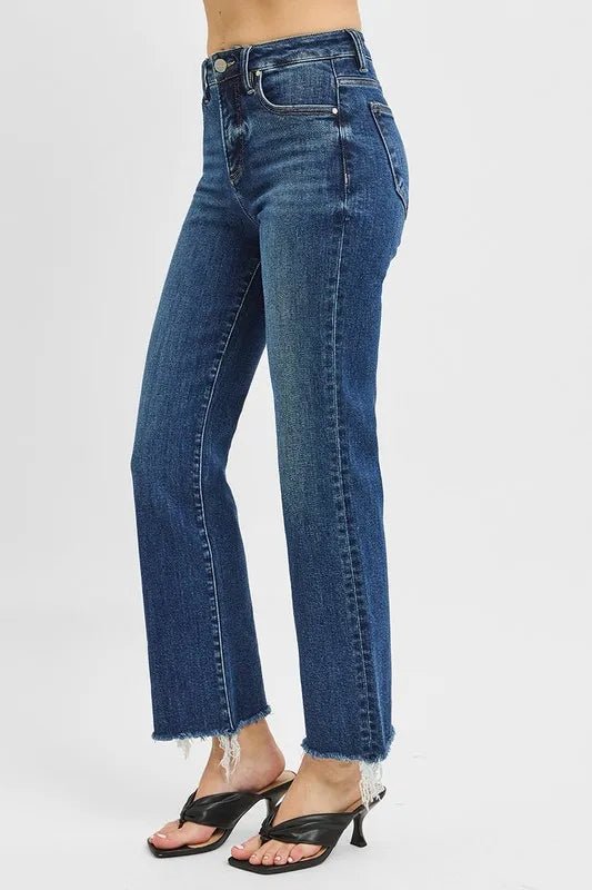RISEN Tummy Control High Rise Crop Straight Raw Hem Jeans - Love Salve 