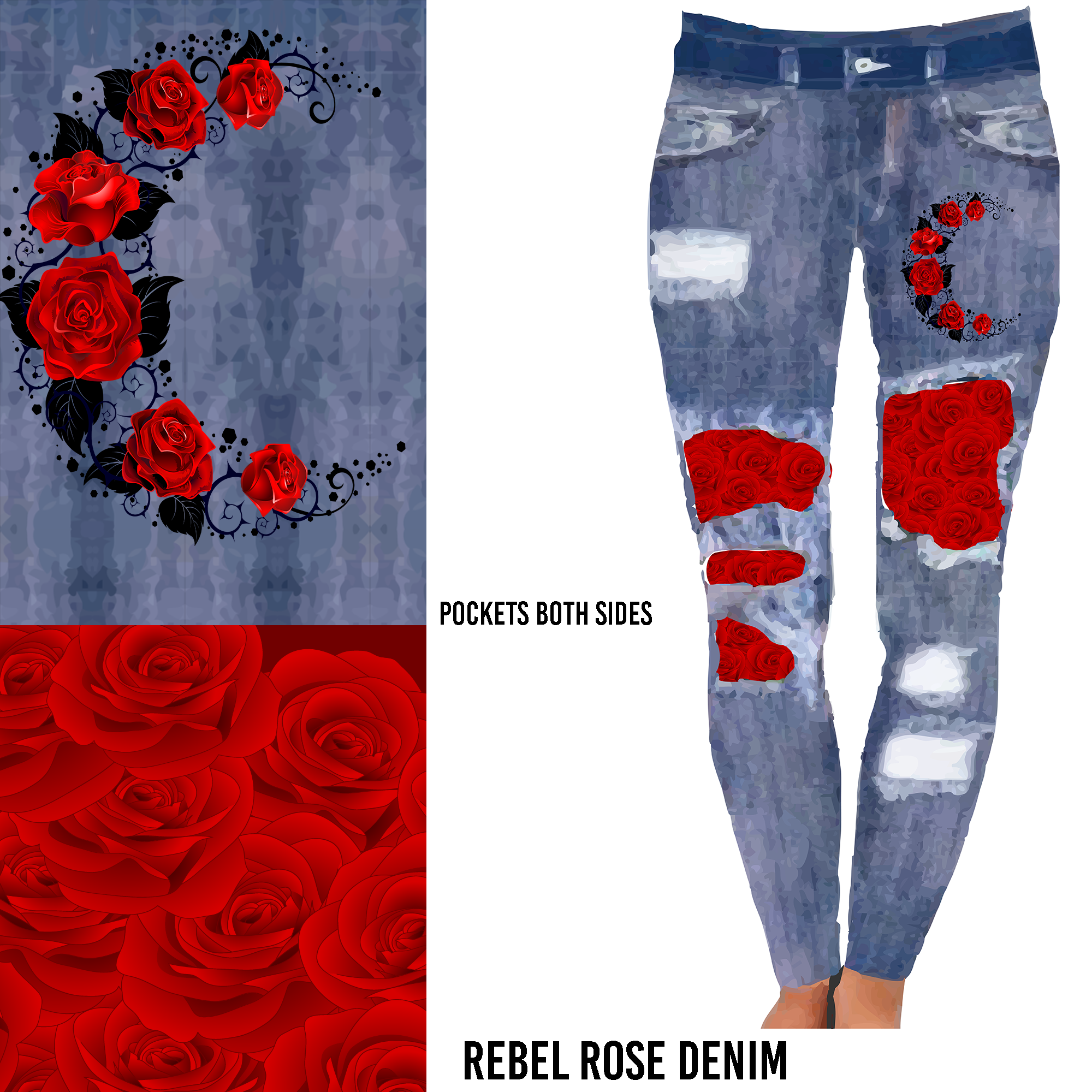 Red Rose Distressed Denim Leggings with Romantic Floral Patches MM