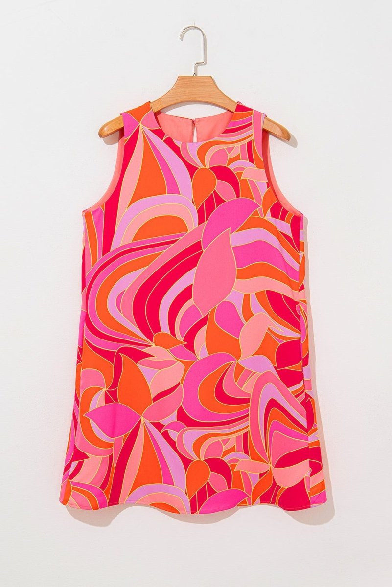 Rose Abstract Floral Print Sleeveless Shift Mini Dress - Love Salve 