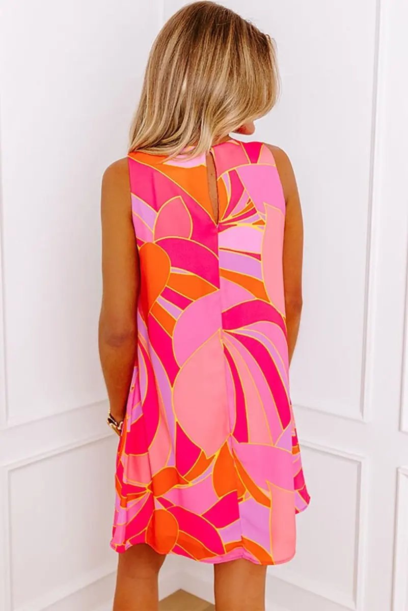 Rose Abstract Floral Print Sleeveless Shift Mini Dress - Love Salve 