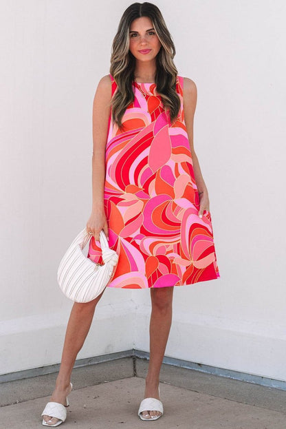 Rose Abstract Floral Print Sleeveless Shift Mini Dress - Love Salve 