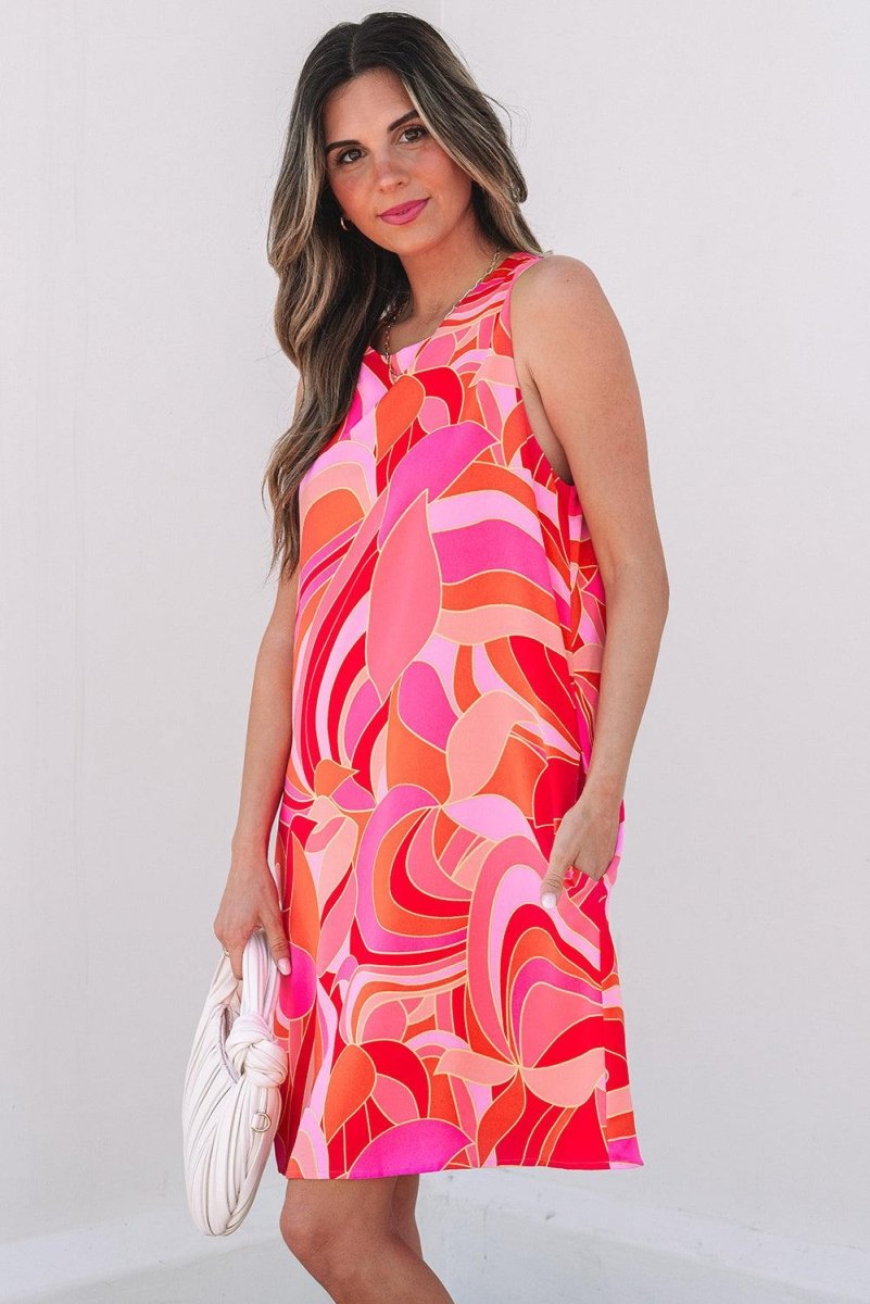 Rose Abstract Floral Print Sleeveless Shift Mini Dress - Love Salve 