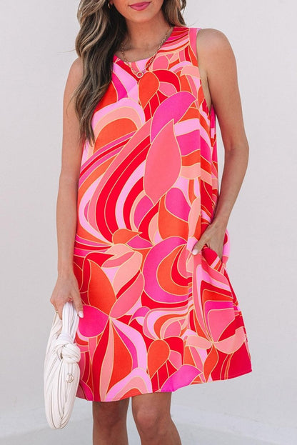 Rose Abstract Floral Print Sleeveless Shift Mini Dress - Love Salve 
