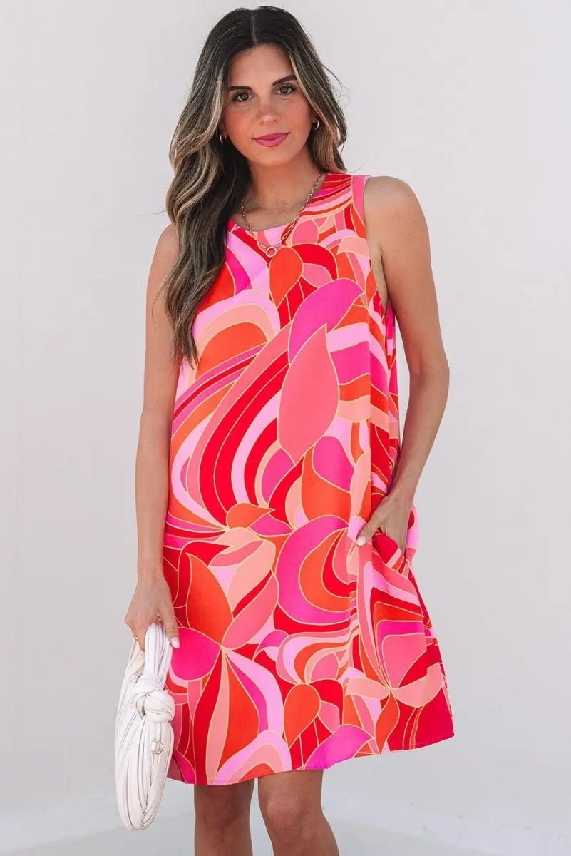 Rose Abstract Floral Print Sleeveless Shift Mini Dress - Love Salve 