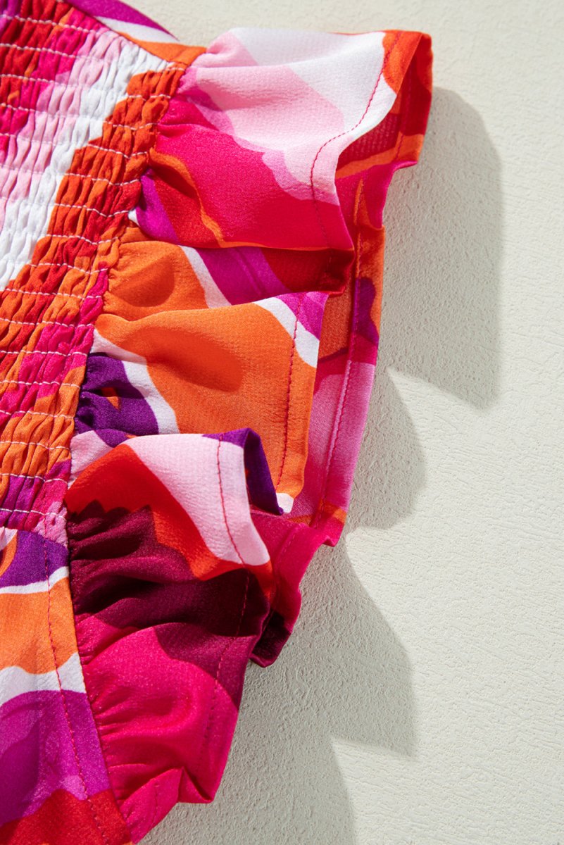 Rose Abstract Print Shirred Yoke Ruffled Blouse for Casual Wear - Love Salve 