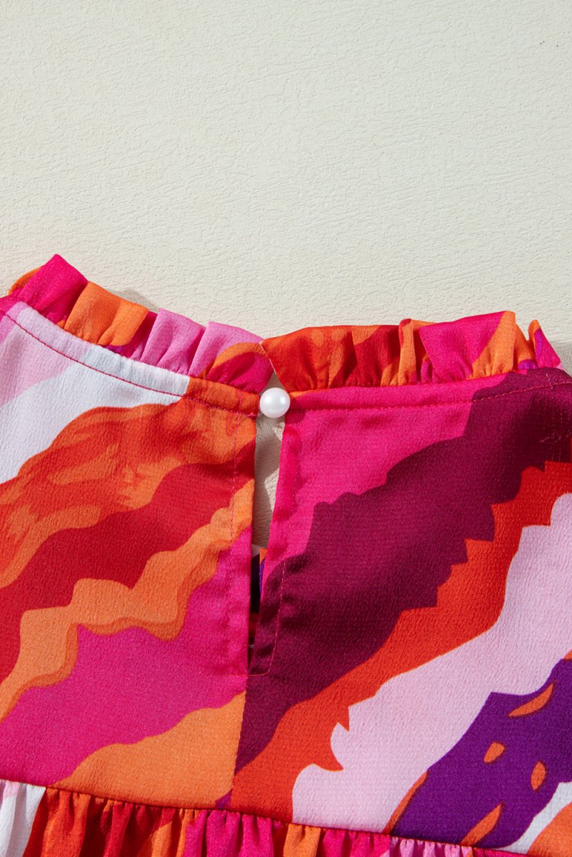 Rose Abstract Print Shirred Yoke Ruffled Blouse for Casual Wear - Love Salve 