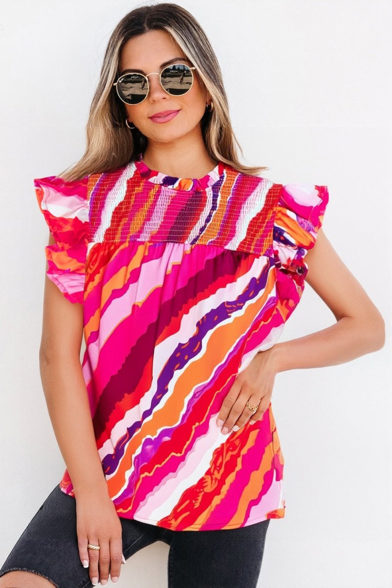 Rose Abstract Print Shirred Yoke Ruffled Blouse for Casual Wear - Love Salve 