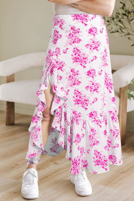 Rose Boho Floral High Waist Ruffle Split Maxi Skirt for Women - Love Salve 