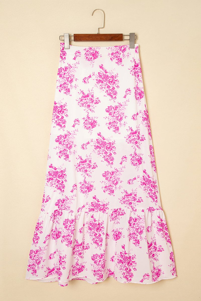 Rose Boho Floral High Waist Ruffle Split Maxi Skirt for Women - Love Salve