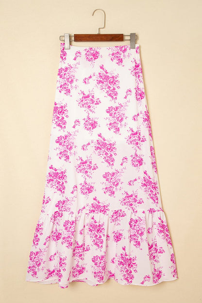 Rose Boho Floral High Waist Ruffle Split Maxi Skirt for Women - Love Salve