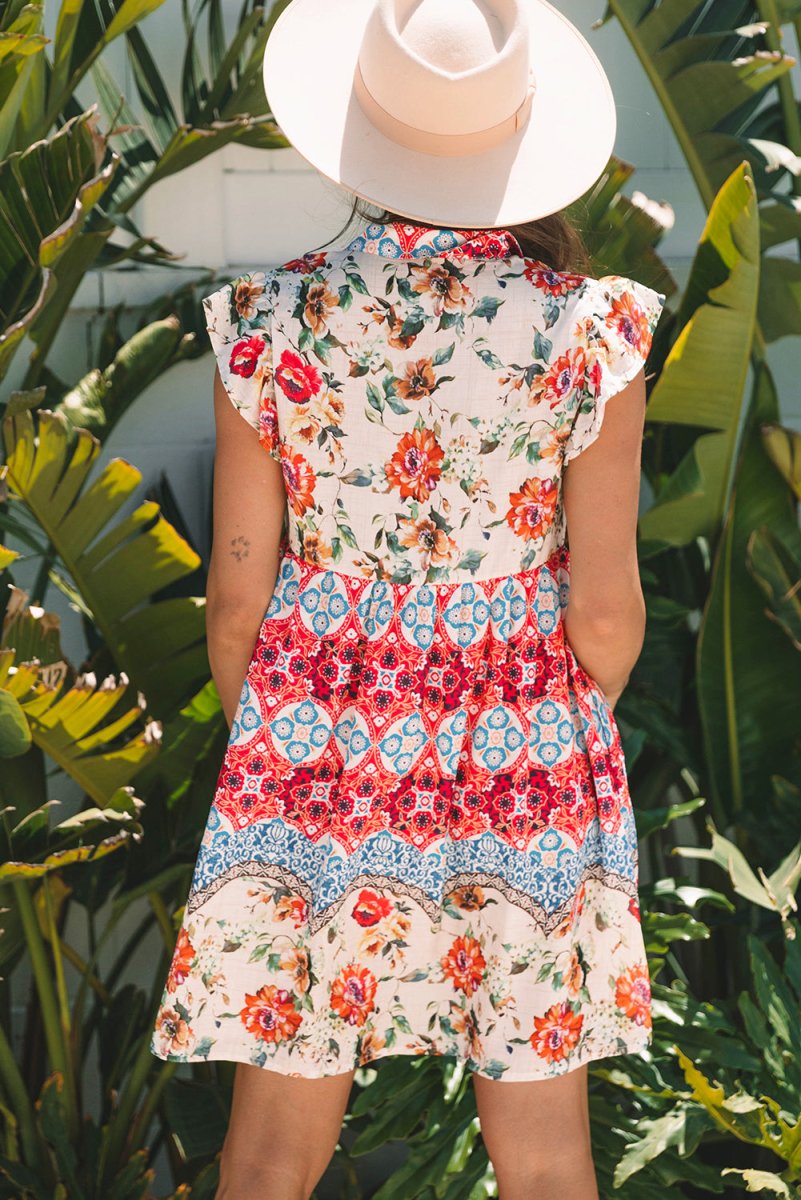 Rose Floral Mixed Pattern Ruffle Flutter Sleeve Dress - Love Salve 