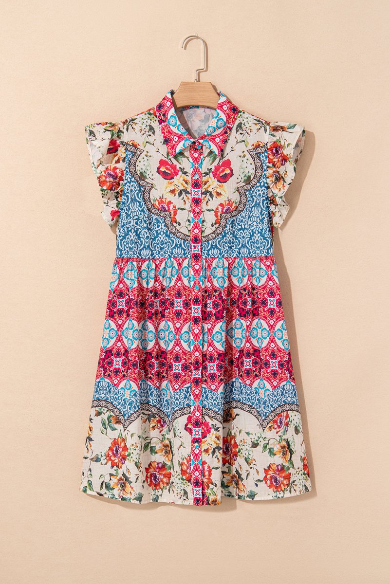 Rose Floral Mixed Pattern Ruffle Flutter Sleeve Dress - Love Salve 