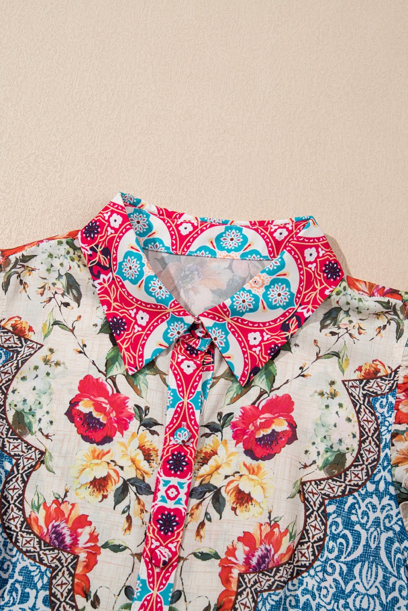 Rose Floral Mixed Pattern Ruffle Flutter Sleeve Dress - Love Salve 