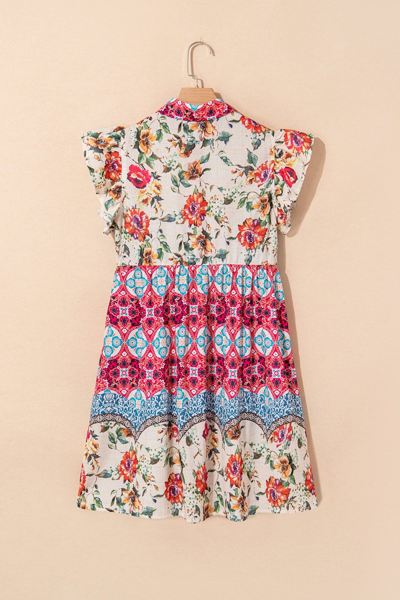 Rose Floral Mixed Pattern Ruffle Flutter Sleeve Dress - Love Salve 