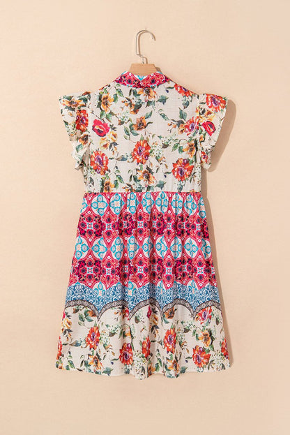 Rose Floral Mixed Pattern Ruffle Flutter Sleeve Dress - Love Salve 